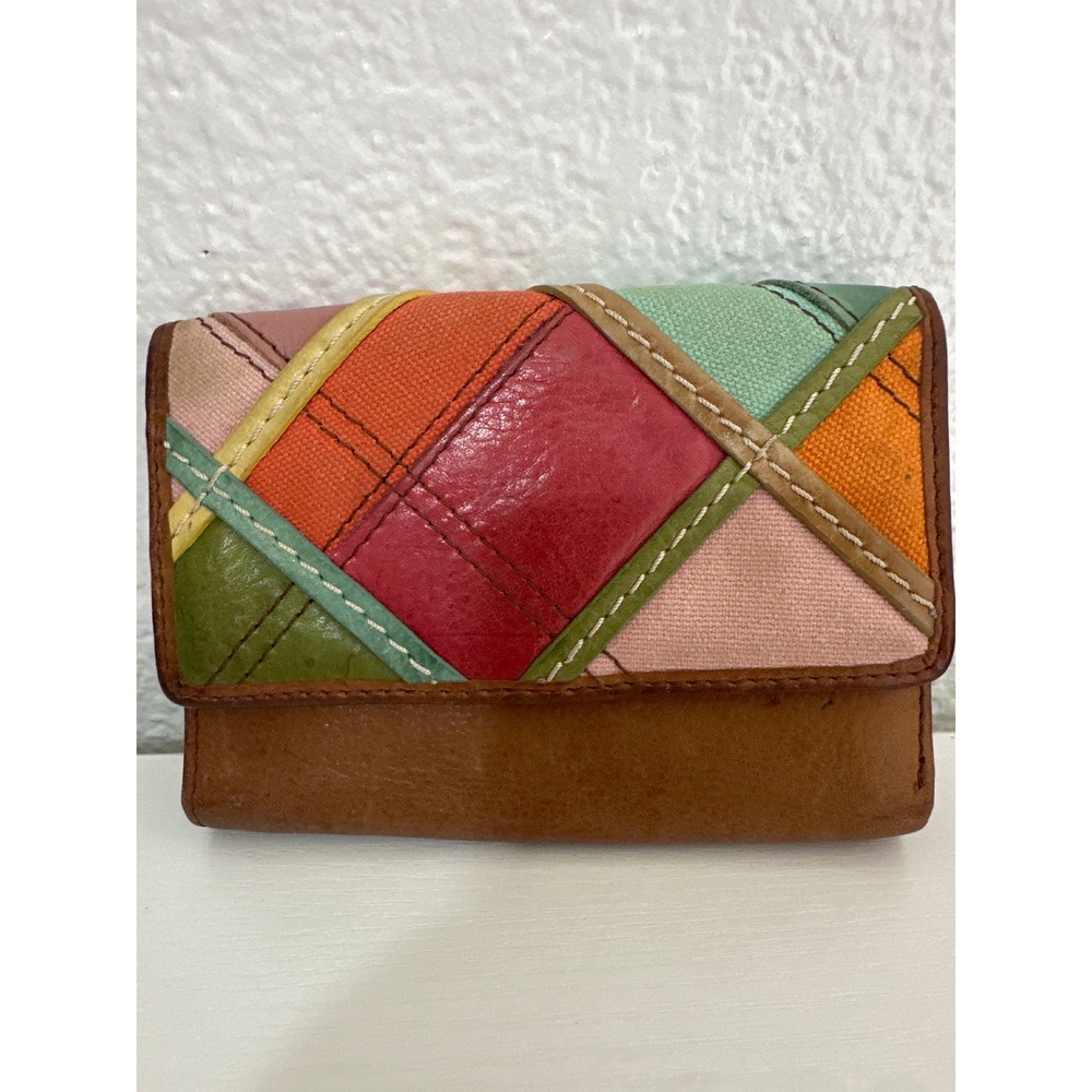 Fossil Leather Patchwork Wallet Trifold Multicolor Small Vintage Style - Picture 2 of 6